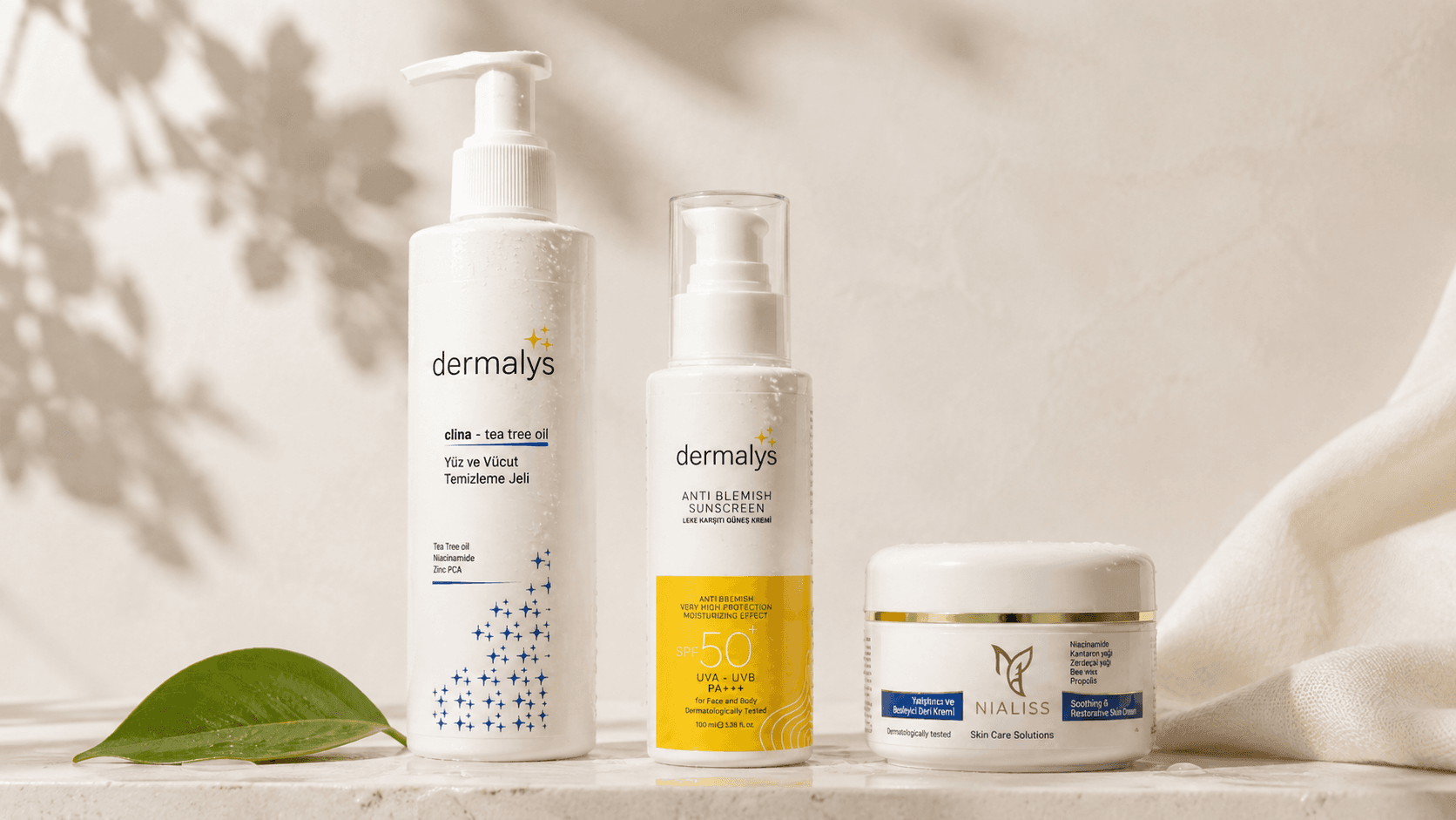 Dermalys cilt bakım rutini — Clina, Anti Blemish ve Nialiss bir arada