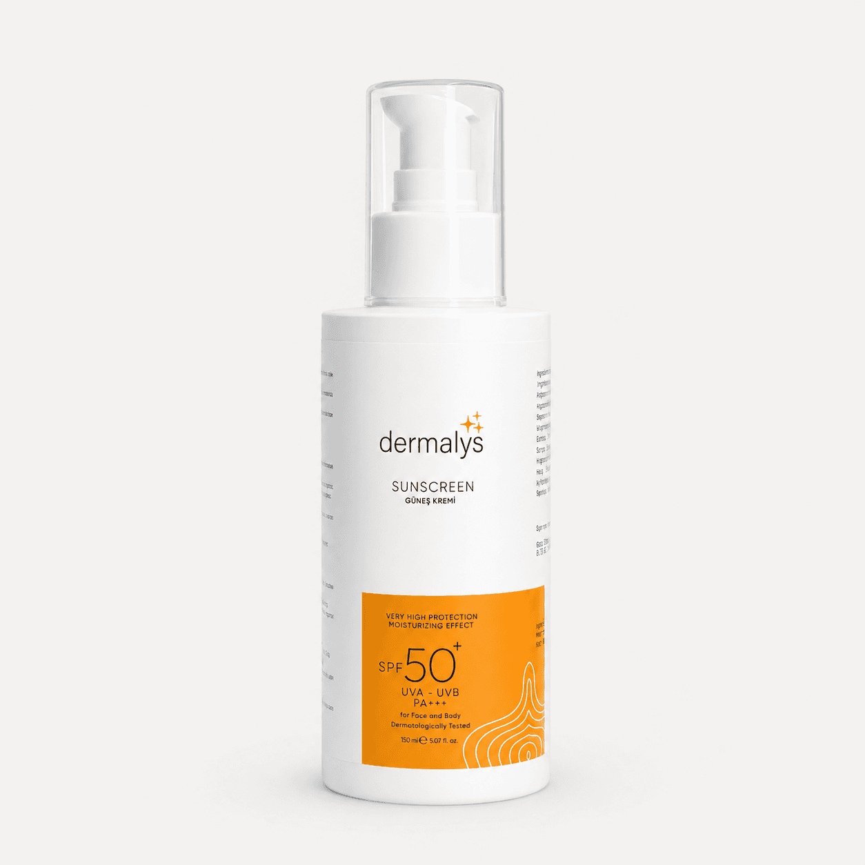 SPF 50+ Sunscreen — açık gri stüdyo katalog çekimi